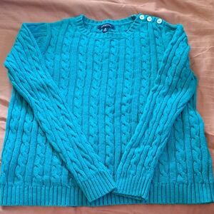 Lands' End Teal Cable Knit Sweater with Button Accents